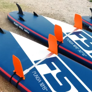EZYWING SUP fins installed on a paddleboard and wing foiling board, showing dual-fin setup for improved tracking and stability