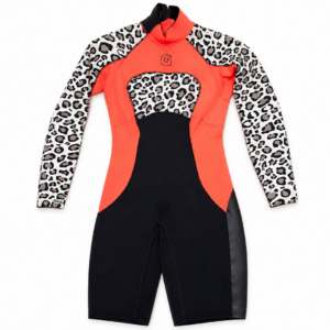 GlideSoul women's 2mm long sleeve wetsuit in black leopard and peach